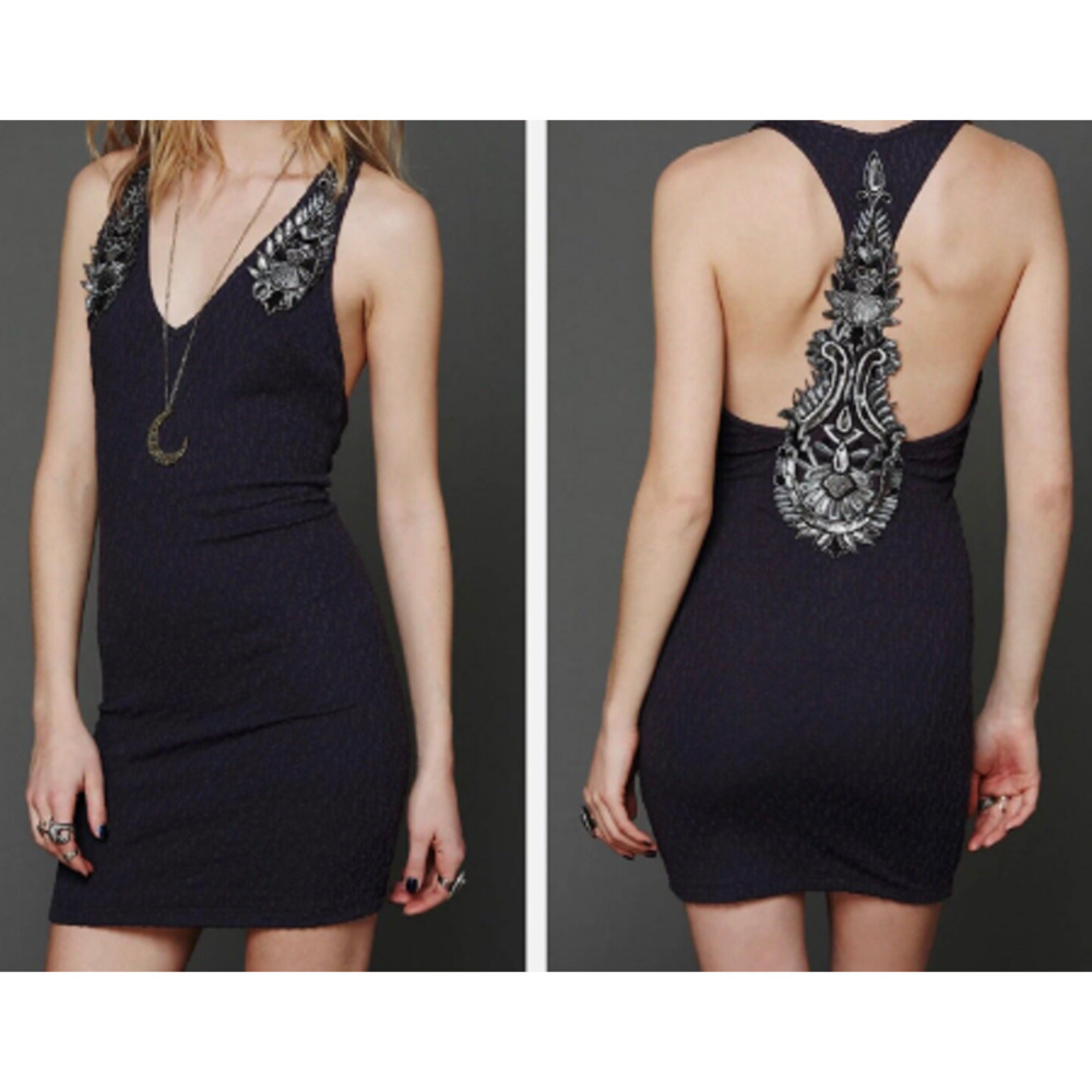 Free People Women's Bollywood Babe Embroidered Sequined Bodycon Dress XS Black